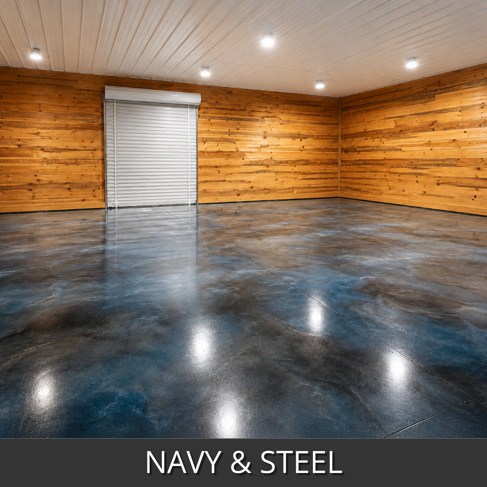 A large empty room with wood-paneled walls and ceiling, a white garage-style door, and a glossy polished floor in navy and steel blue colorwave tones