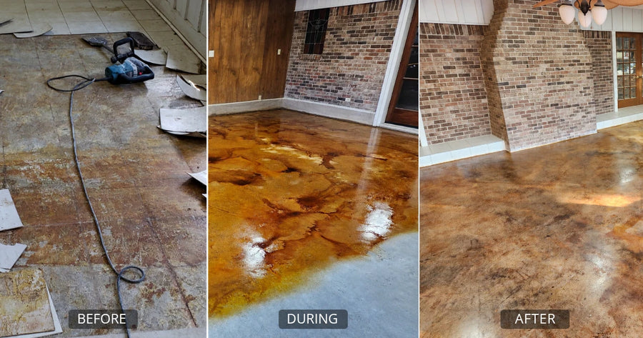 Lawrence Stilman's game room floor shown before, during application, and finished in Coffee Brown, Cola, and Desert Amber