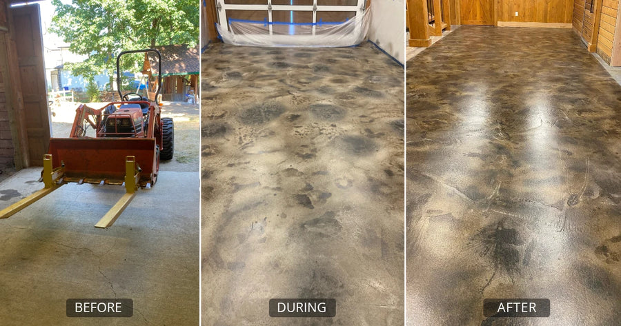 Barndominium floor shown before, during application, and finished with ColorWave Persimmon, Molasses, and Steel