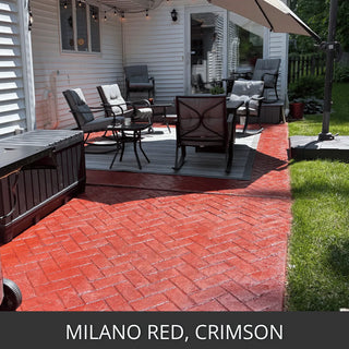 Stamped concrete patio in a brick pattern with outdoor dining furniture, Antiquing™ Stamped Concrete Stain in Milano Red and Crimson