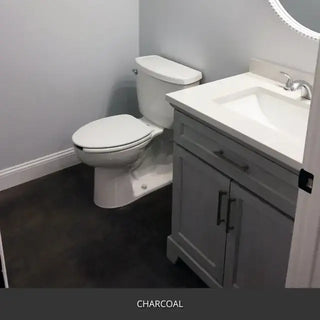 Sealed concrete floor in a bathroom with a vanity and toilet, AcquaTint™ PRO Colored Sealer in 506 Charcoal