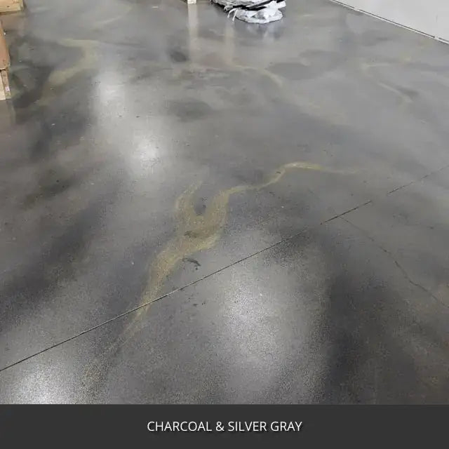 Marbled sealed concrete floor in a large open room, AcquaTint™ PRO Colored Sealer in Charcoal and Silver Gray
