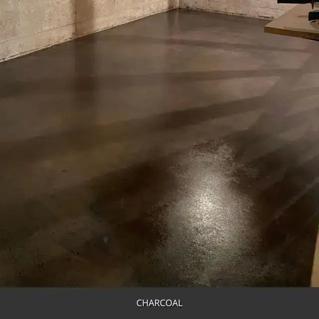 Marbled sealed concrete floor in an unfinished room, AcquaTint™ PRO Colored Sealer in 506 Charcoal