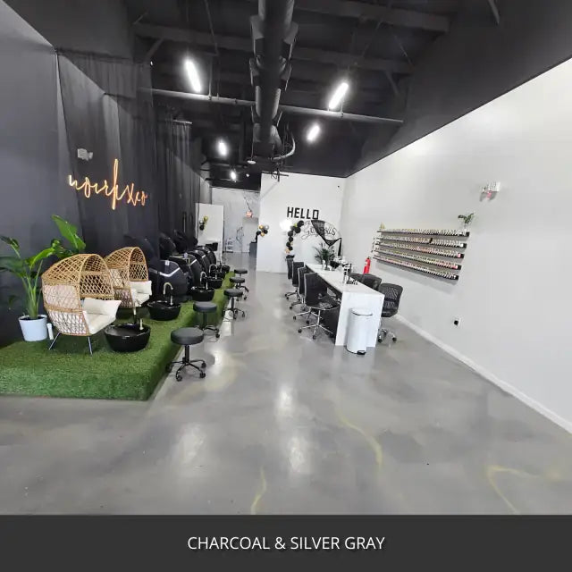 Sealed concrete floor in a hair salon with styling stations, AcquaTint™ PRO Colored Sealer in Charcoal and Silver Gray