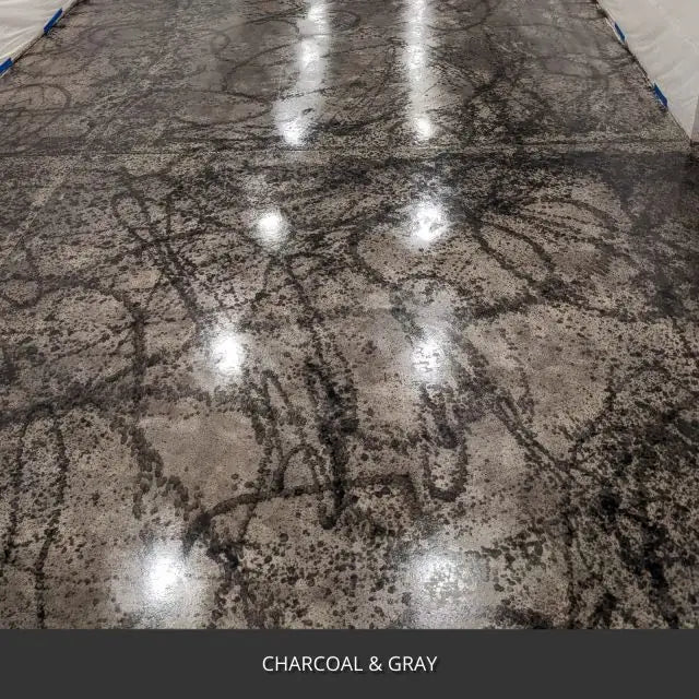 Marbled sealed concrete floor with a high gloss finish, AcquaTint™ PRO Colored Sealer in Charcoal and Gray