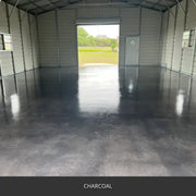 Sealed concrete floor inside a metal building with an open bay door, AcquaTint™ PRO Colored Sealer in 506 Charcoal