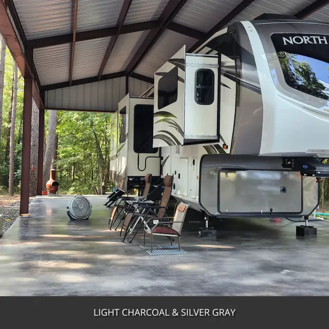 Sealed concrete slab under an open pole barn with a travel trailer, AcquaTint™ PRO Colored Sealer in Light Charcoal and Silver Gray