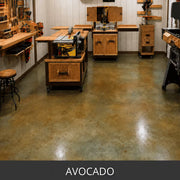Acid stained concrete floor in a woodworking shop, EverStain™ Acid Stain in AVO Avocado