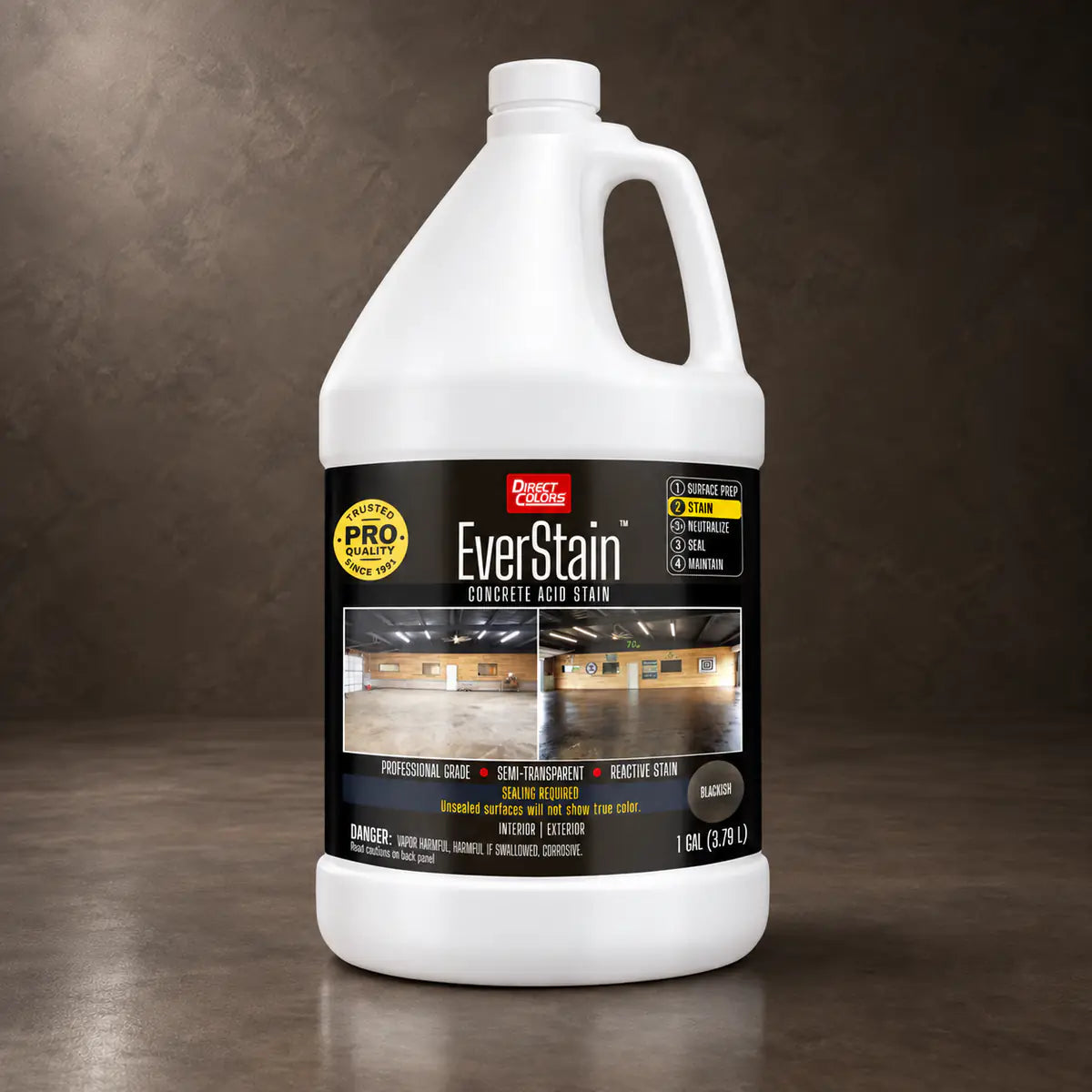 Gallon bottle of EverStain concrete acid stain against a textured brown background