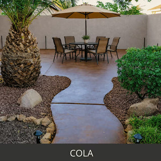 Acid stained concrete patio with a dining set, umbrella and palm tree, EverStain™ Acid Stain in COL Cola