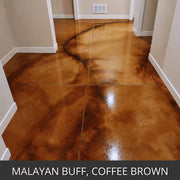 Marbled acid stained concrete floor in a hallway, EverStain™ Acid Stain in Malayan Buff and Coffee Brown