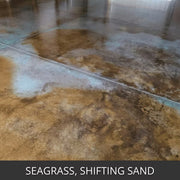 Marbled acid stained concrete floor with green and tan variegation, EverStain™ Acid Stain in Seagrass and Shifting Sand