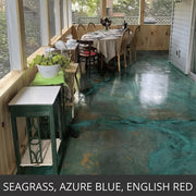 Marbled acid stained concrete floor in a screened porch with dining tables, EverStain™ Acid Stain in Seagrass, Azure Blue and English Red