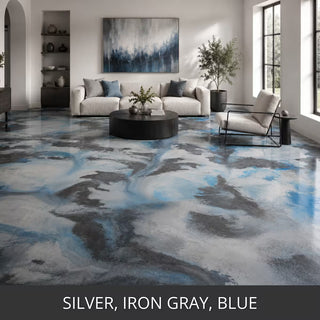 Marbled blue and gray stained concrete floor in a living room, ColorWave® Stain in Silver, Iron Gray and Blue