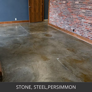 Stained concrete floor along an exposed brick wall, ColorWave® Stain in Stone, Steel and Persimmon