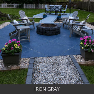 Stained concrete patio with a fire pit and Adirondack chairs, ColorWave® Stain in 605 Iron Gray