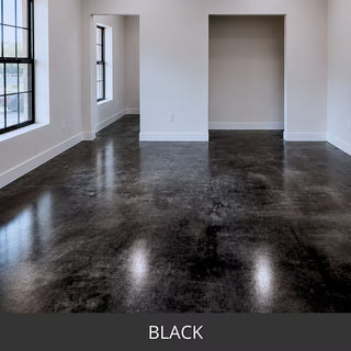 Stained concrete floor in an empty room with tall windows, ColorWave® Stain in 606 Black
