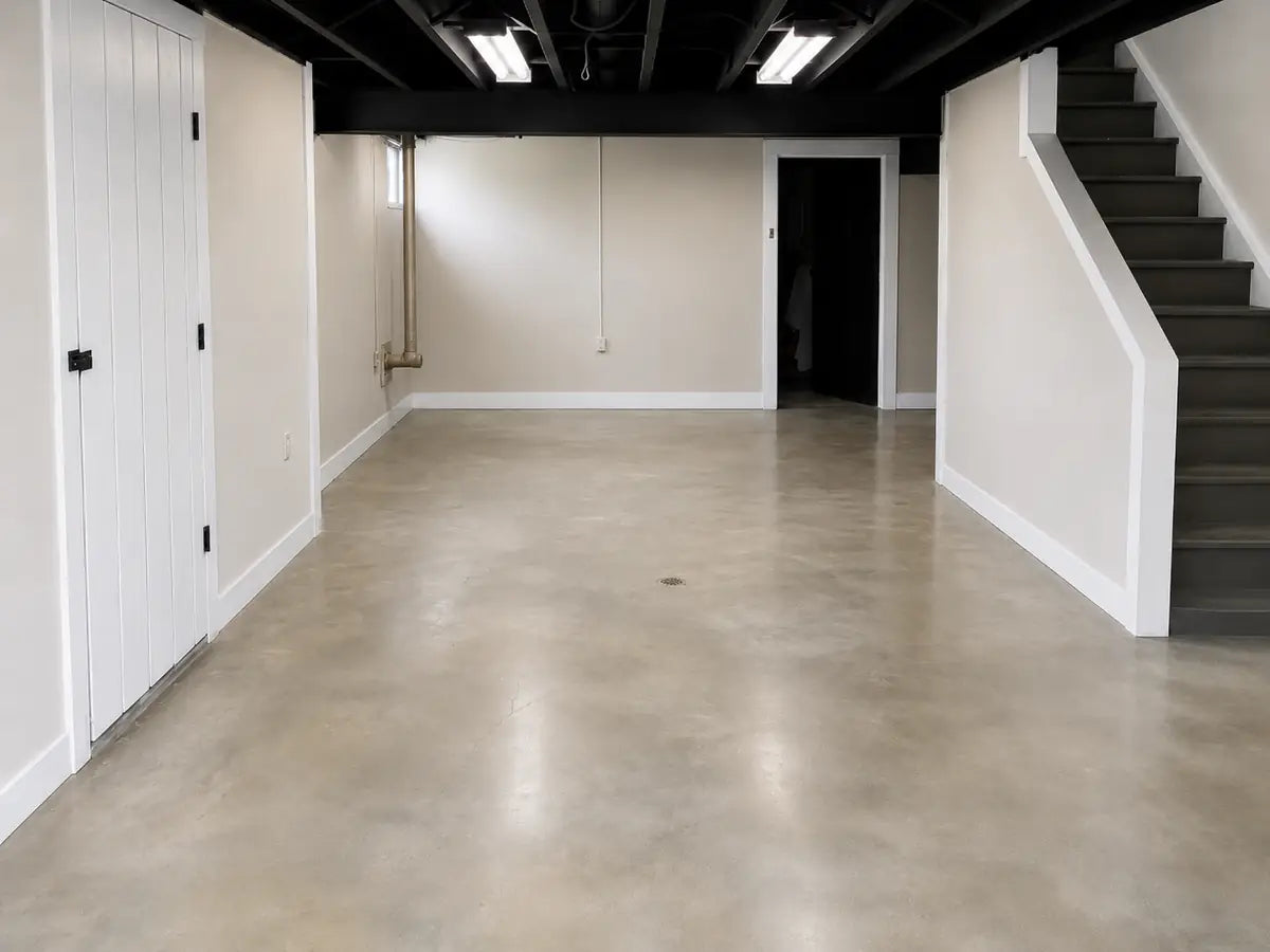 Polished dyed concrete floor in a finished basement with a staircase, Vibrance™ Concrete Dye in Charcoal, Khaki and White