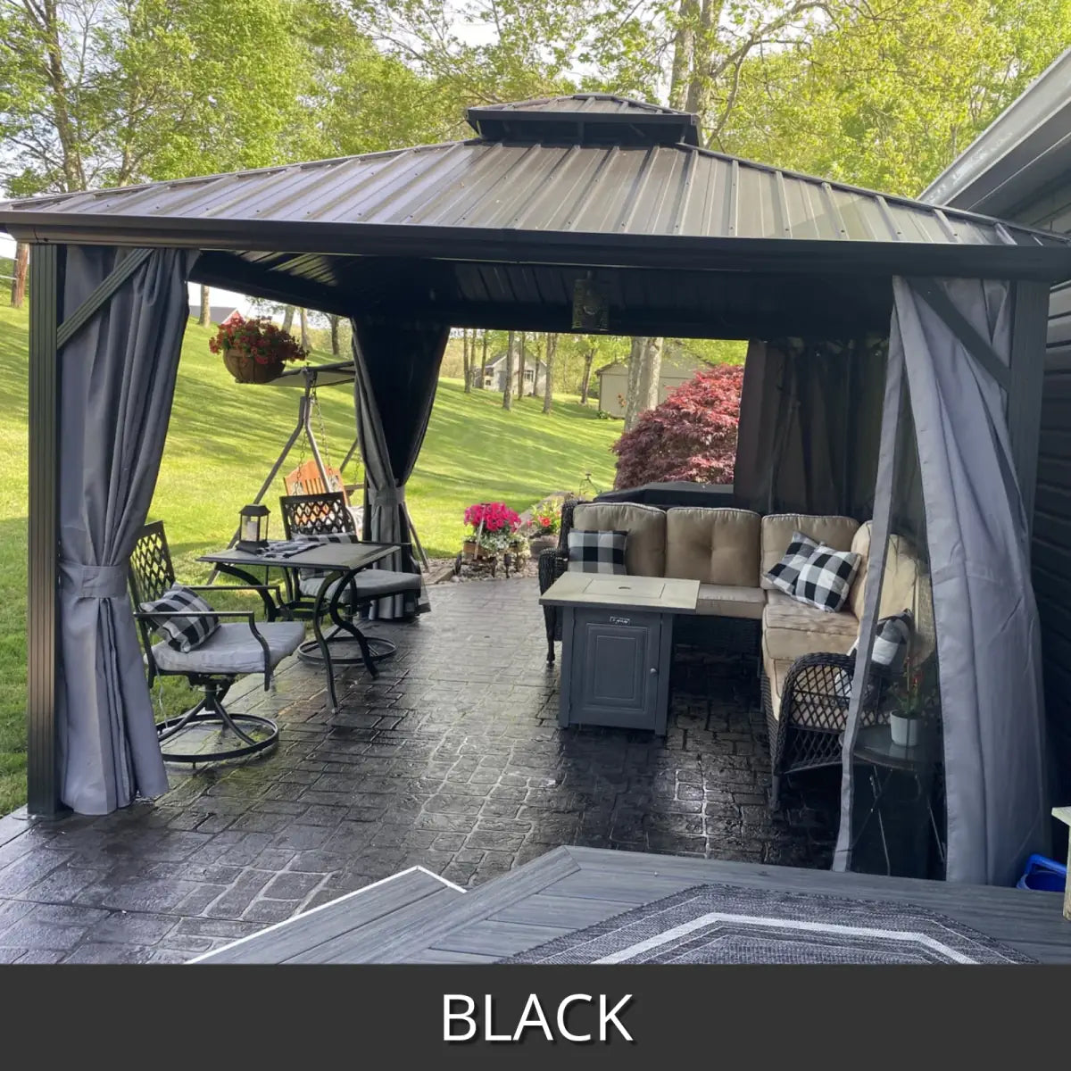 Sealed concrete patio under a curtained gazebo with outdoor furniture, EasyTint™ Tinted Concrete Sealer in 503 Black