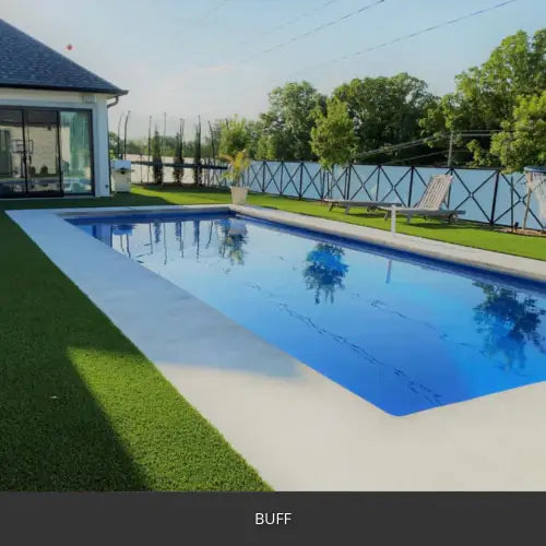 Sealed concrete pool deck around a rectangular pool, EasyTint™ Tinted Concrete Sealer in 504 Buff