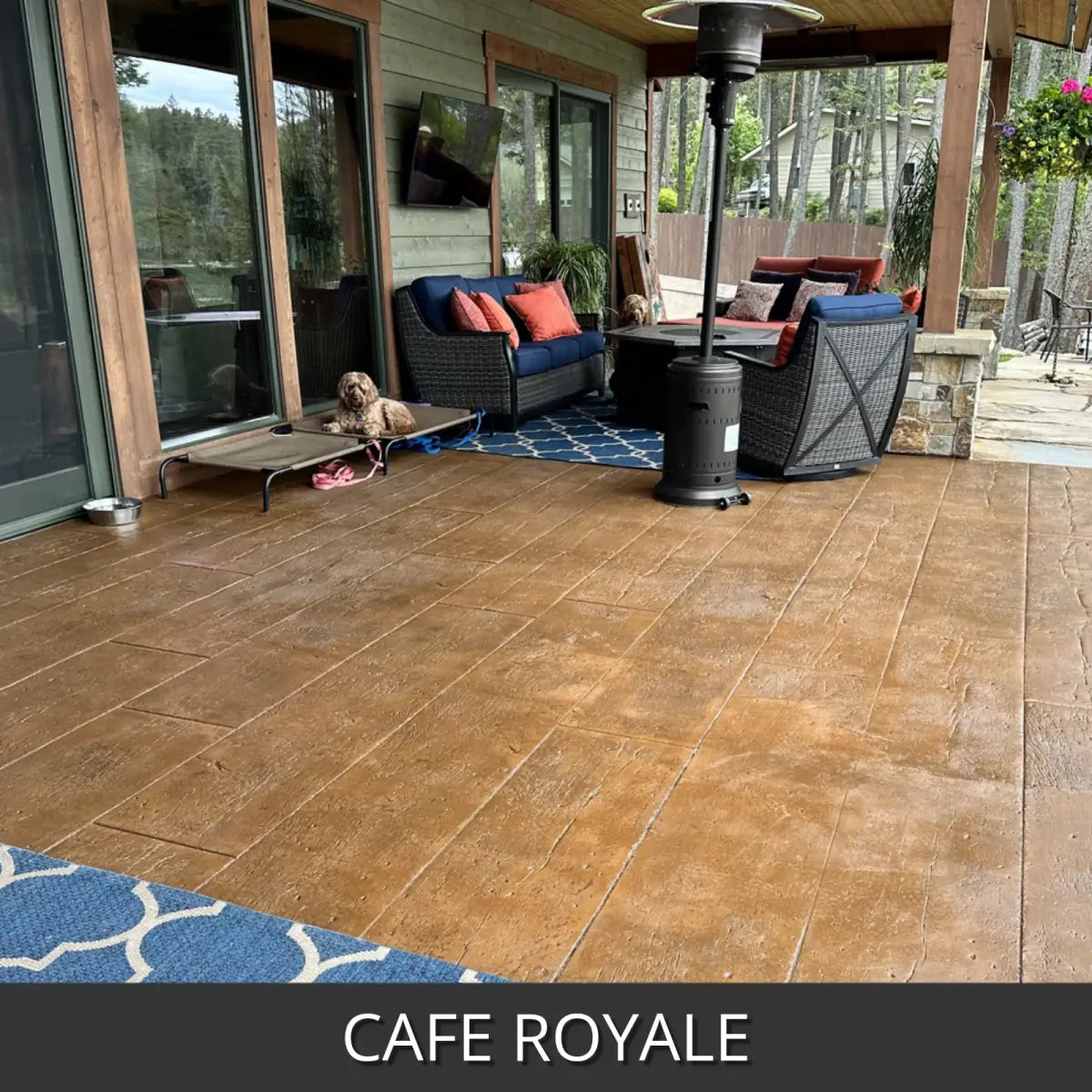 Sealed concrete patio under a covered porch with outdoor seating, EasyTint™ Tinted Concrete Sealer in 505 Cafe Royale