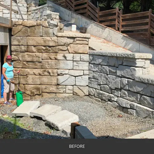 Stone retaining wall before sealing, with loose cap stones, EasyTint™ Tinted Concrete Sealer in 505 Cafe Royale