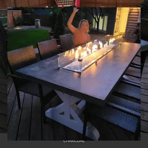 Sealed concrete patio with a fire table and outdoor dining chairs, EasyTint™ Tinted Concrete Sealer in 506 Charcoal