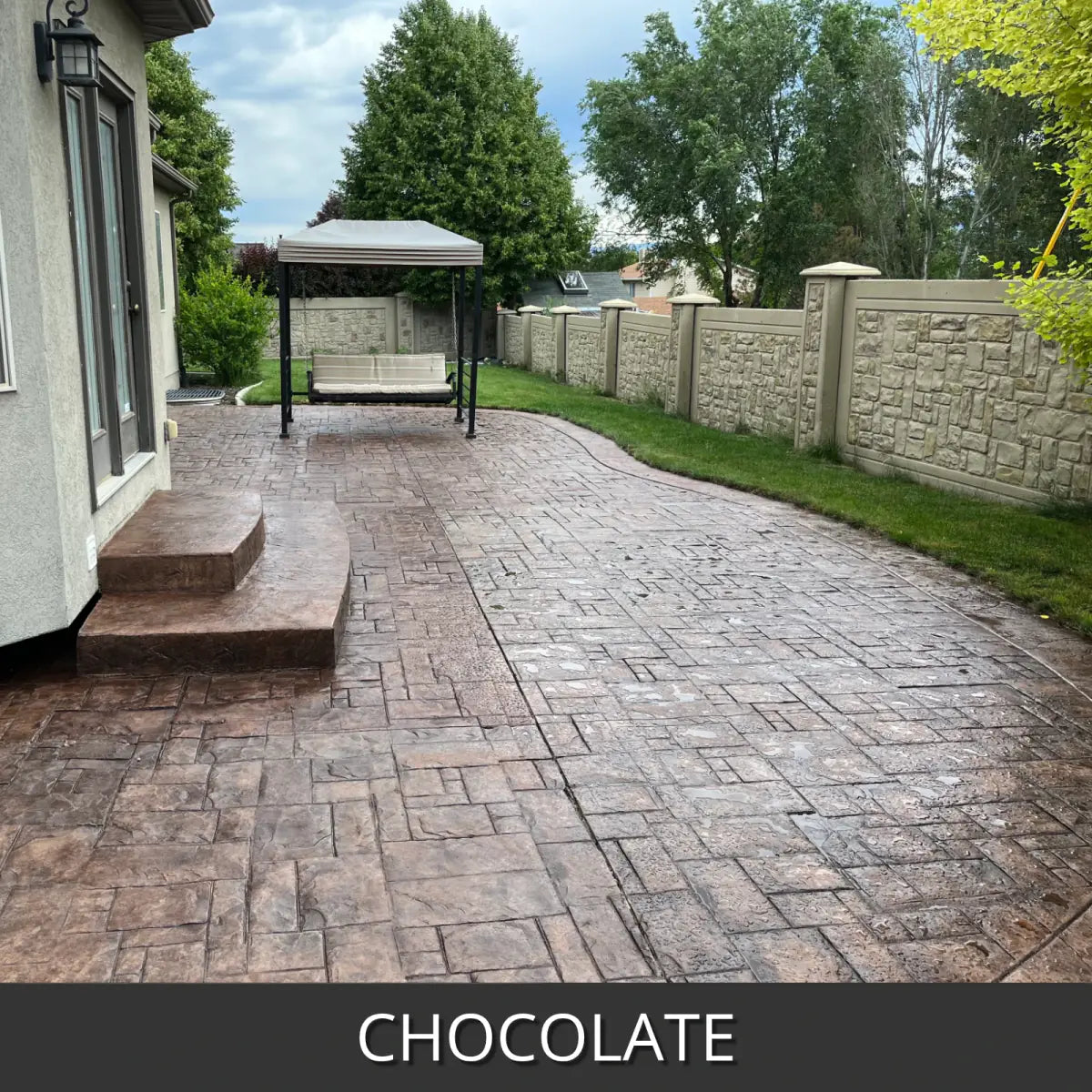 Stamped concrete walkway to a gazebo beside a fence, EasyTint™ Tinted Concrete Sealer in 507 Chocolate