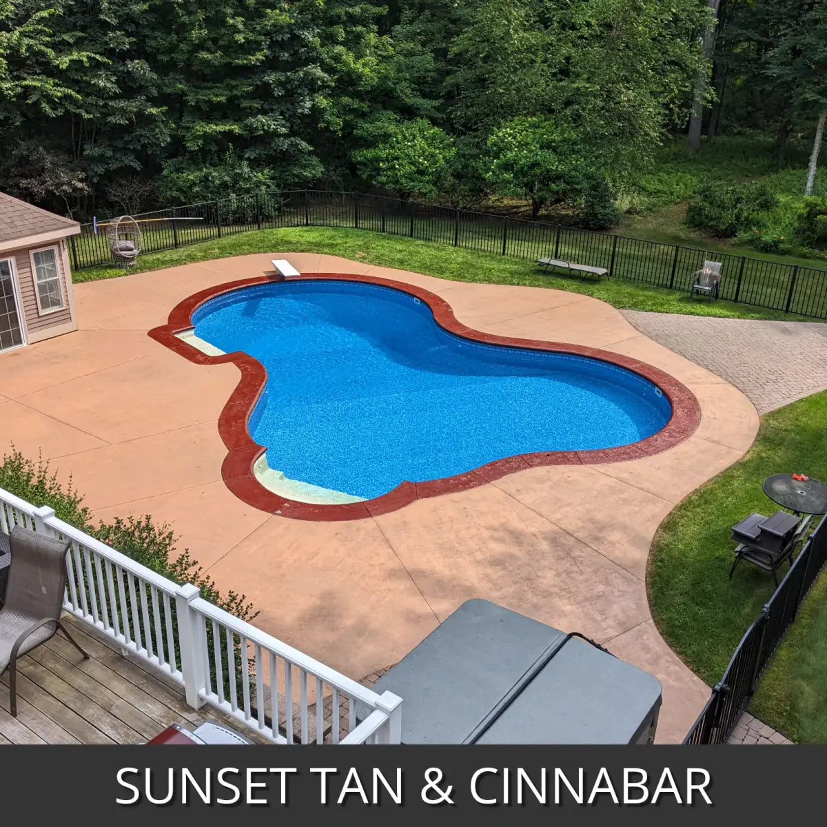 Sealed concrete pool deck with a contrasting border around a pool, EasyTint™ Tinted Concrete Sealer in Tan and Cinnabar
