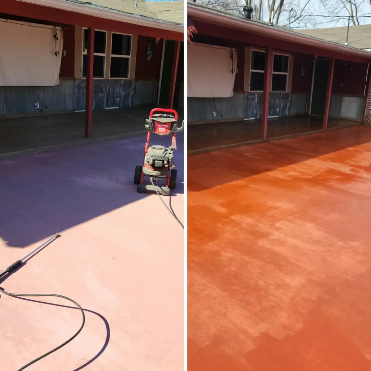 Before and after pair of a concrete patio, weathered then sealed, EasyTint™ Tinted Concrete Sealer in 509 Crimson