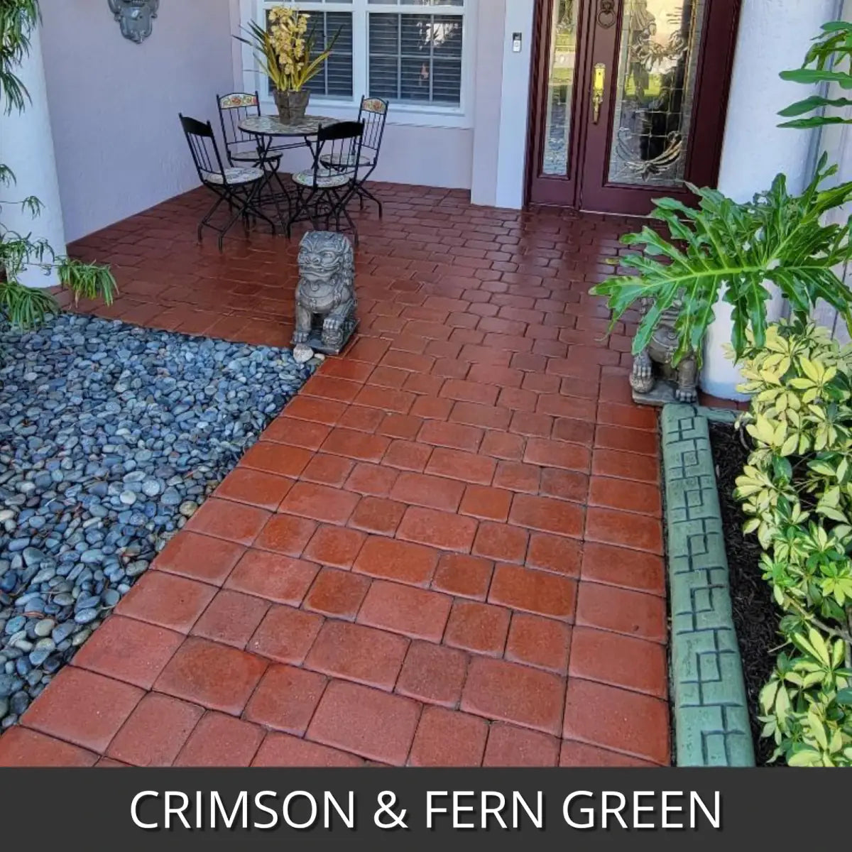 Stamped concrete walkway in a brick pattern in a courtyard, EasyTint™ Tinted Concrete Sealer in 509 Crimson