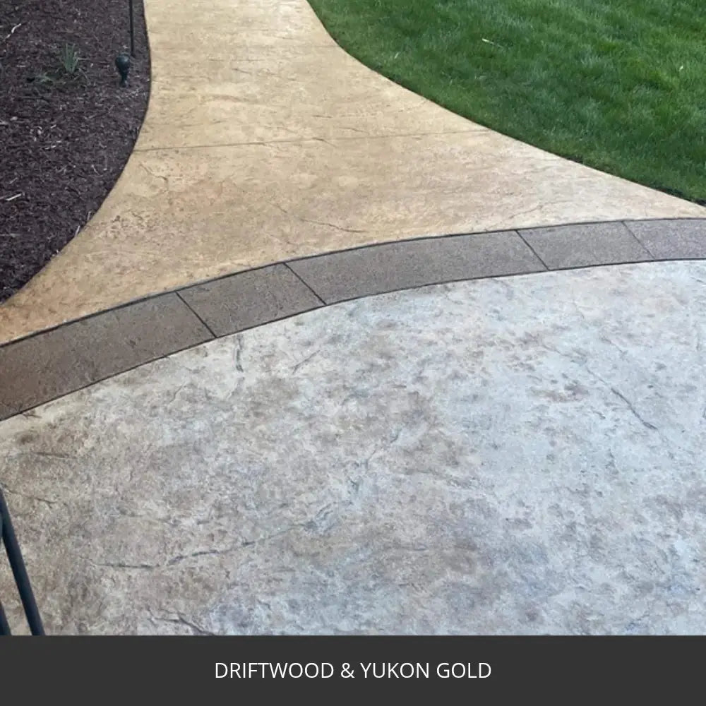 Stamped concrete walkway with a contrasting border band, EasyTint™ Tinted Concrete Sealer in Driftwood and Yukon Gold