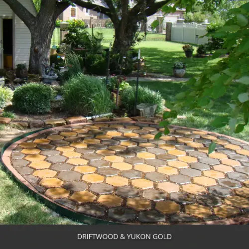 Round stamped concrete patio in a hexagonal tile pattern under a tree, EasyTint™ Tinted Concrete Sealer in Driftwood and Yukon Gold