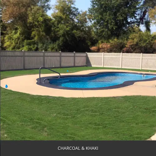 Sealed concrete pool deck around a free form pool in a fenced yard, EasyTint™ Tinted Concrete Sealer in Charcoal and Khaki