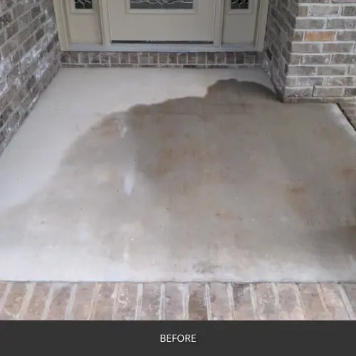 Weathered concrete patio before sealing at a brick entry, EasyTint™ Tinted Concrete Sealer in 516 Khaki