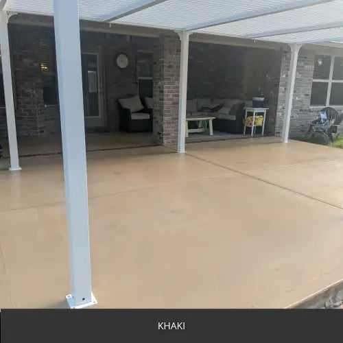 Sealed concrete floor under a covered patio with columns, EasyTint™ Tinted Concrete Sealer in 516 Khaki