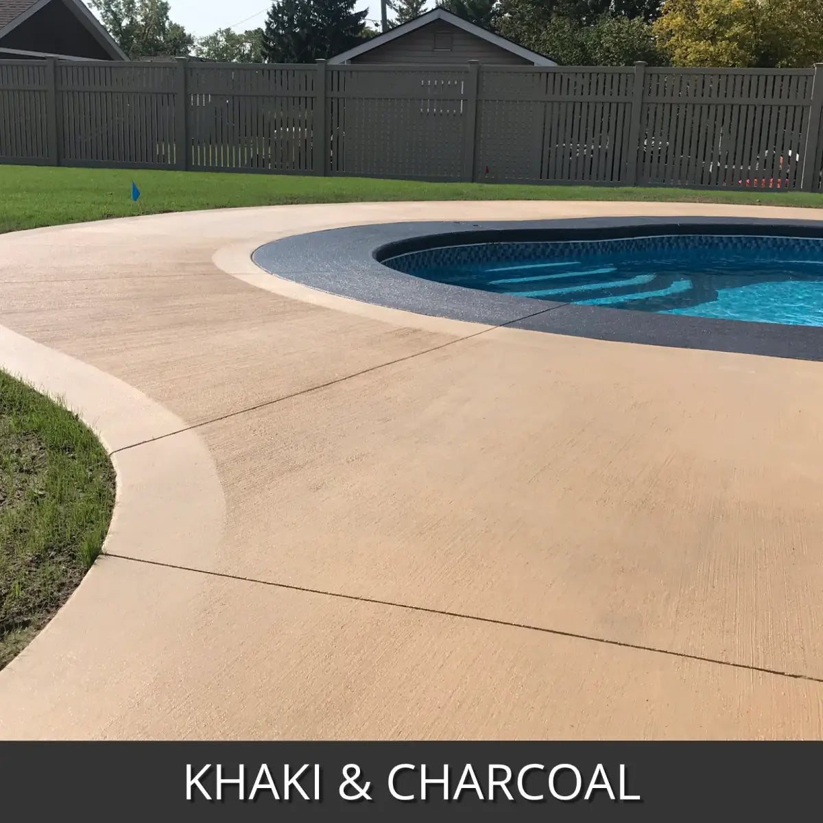 Sealed concrete pool deck curving around a small pool, EasyTint™ Tinted Concrete Sealer in Khaki and Charcoal