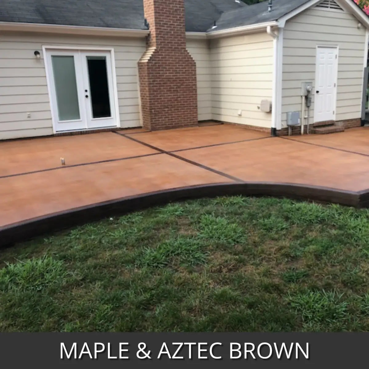 Stamped concrete patio with a curved border at a house, EasyTint™ Tinted Concrete Sealer in Maple and Aztec Brown