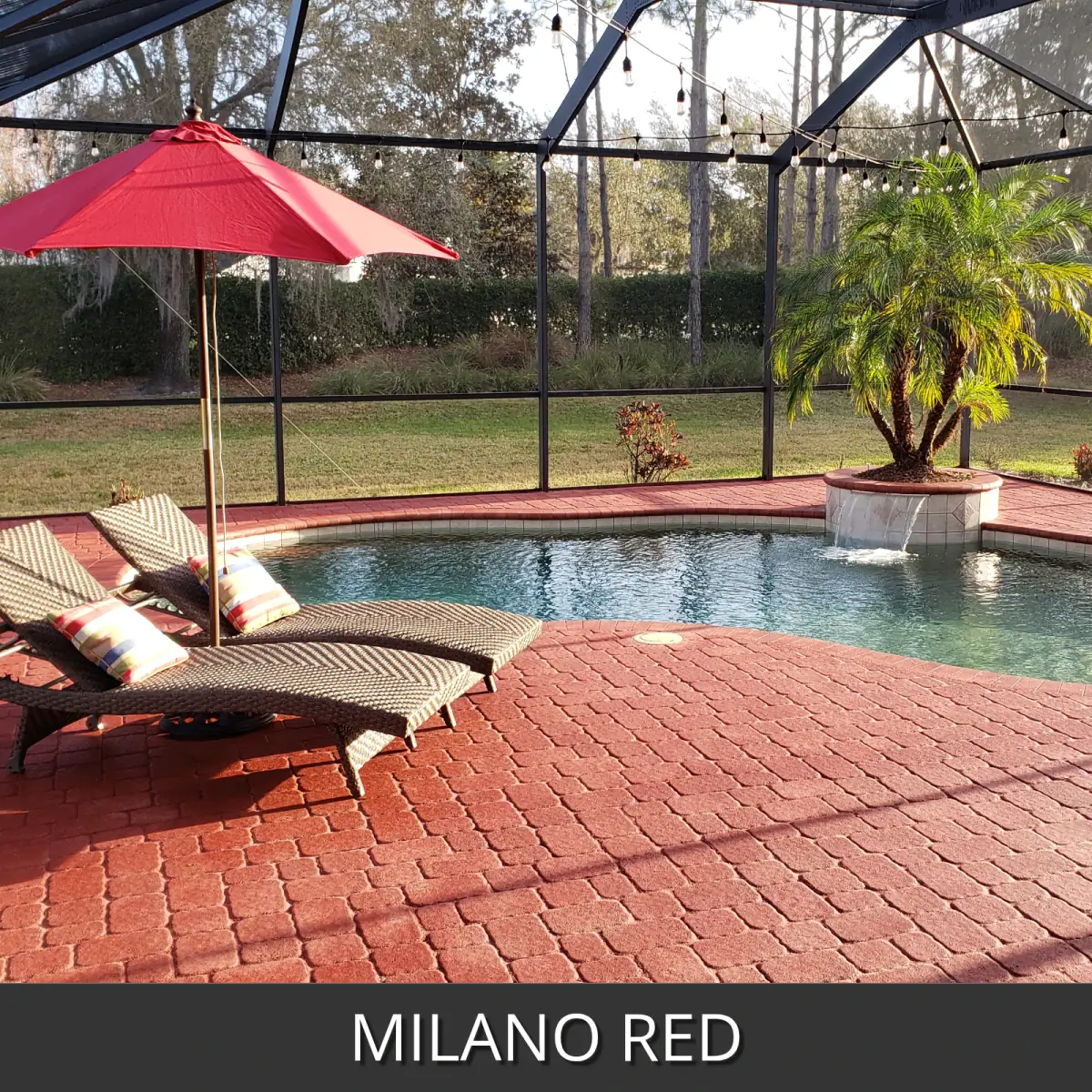 Sealed brick pool deck inside a screened pool enclosure, EasyTint™ Tinted Concrete Sealer in 519 Milano Red