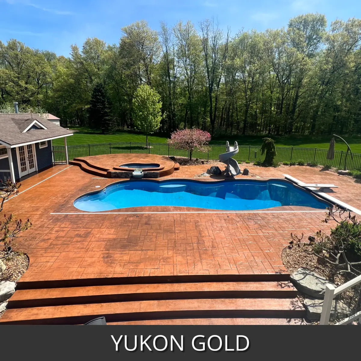 Stamped concrete pool deck with steps around a pool, EasyTint™ Tinted Concrete Sealer in 530 Yukon Gold