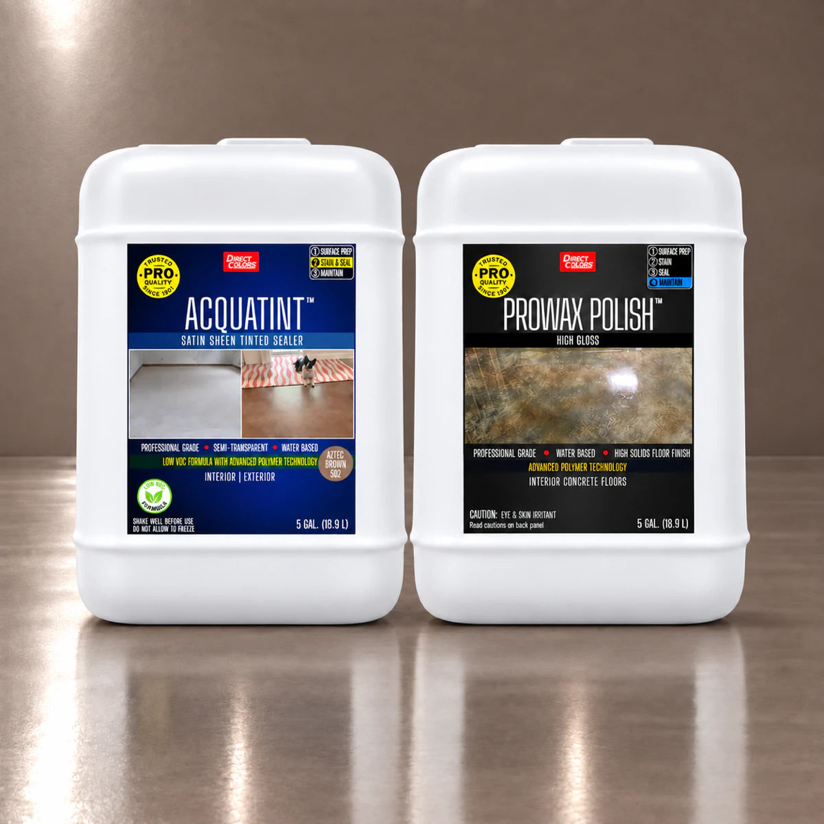 AcquaTint™ PRO Colored Sealer in 502 Aztec Brown with ProWax Polish™ High Gloss, 5 gallon 2-step kit