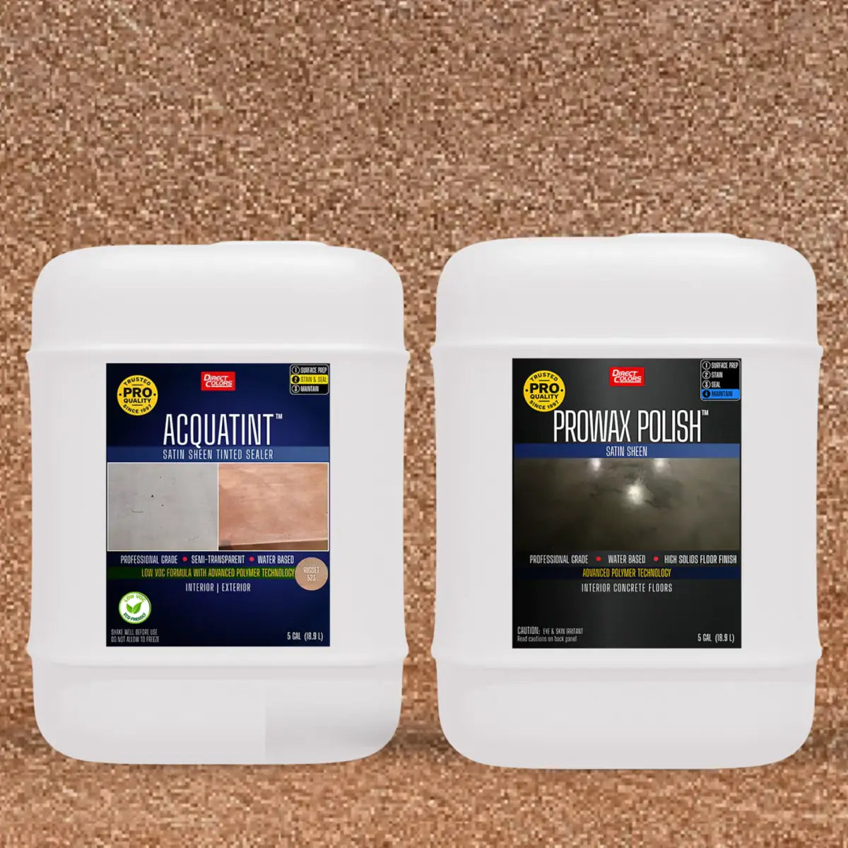 AcquaTint™ PRO Colored Sealer in 523 Russet with ProWax Polish™ Satin, 5 gallon 2-step kit