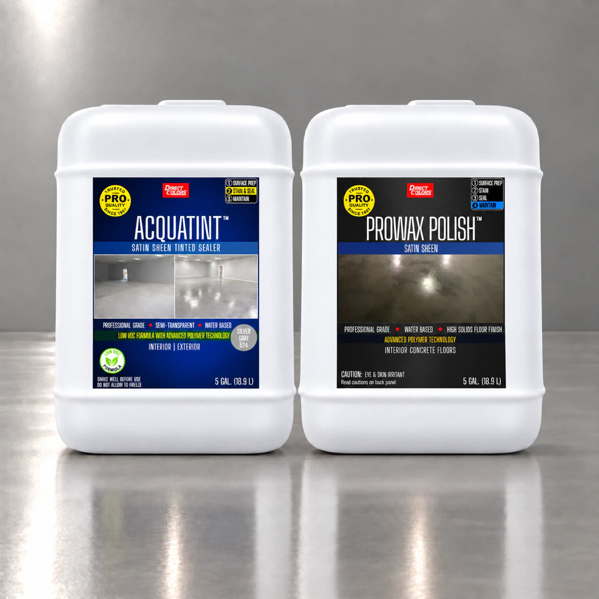 AcquaTint™ PRO Colored Sealer in 524 Silver Gray with ProWax Polish™ Satin, 5 gallon 2-step kit