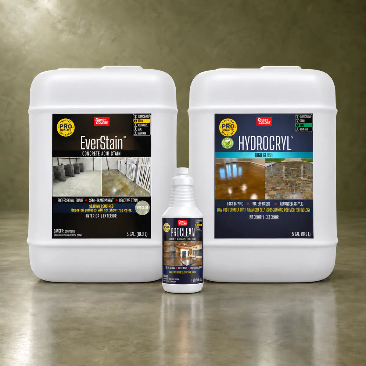 EverStain™ Acid Stain in Avocado with ProClean Neutralizer™ and HydroCryl™ High Gloss, 5 gallon 3-step kit