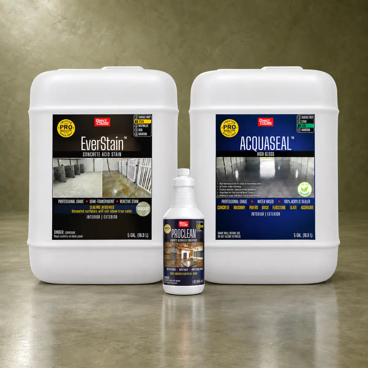 EverStain™ Acid Stain in Avocado with ProClean Neutralizer™ and AcquaSeal™ High Gloss, 5 gallon 3-step kit