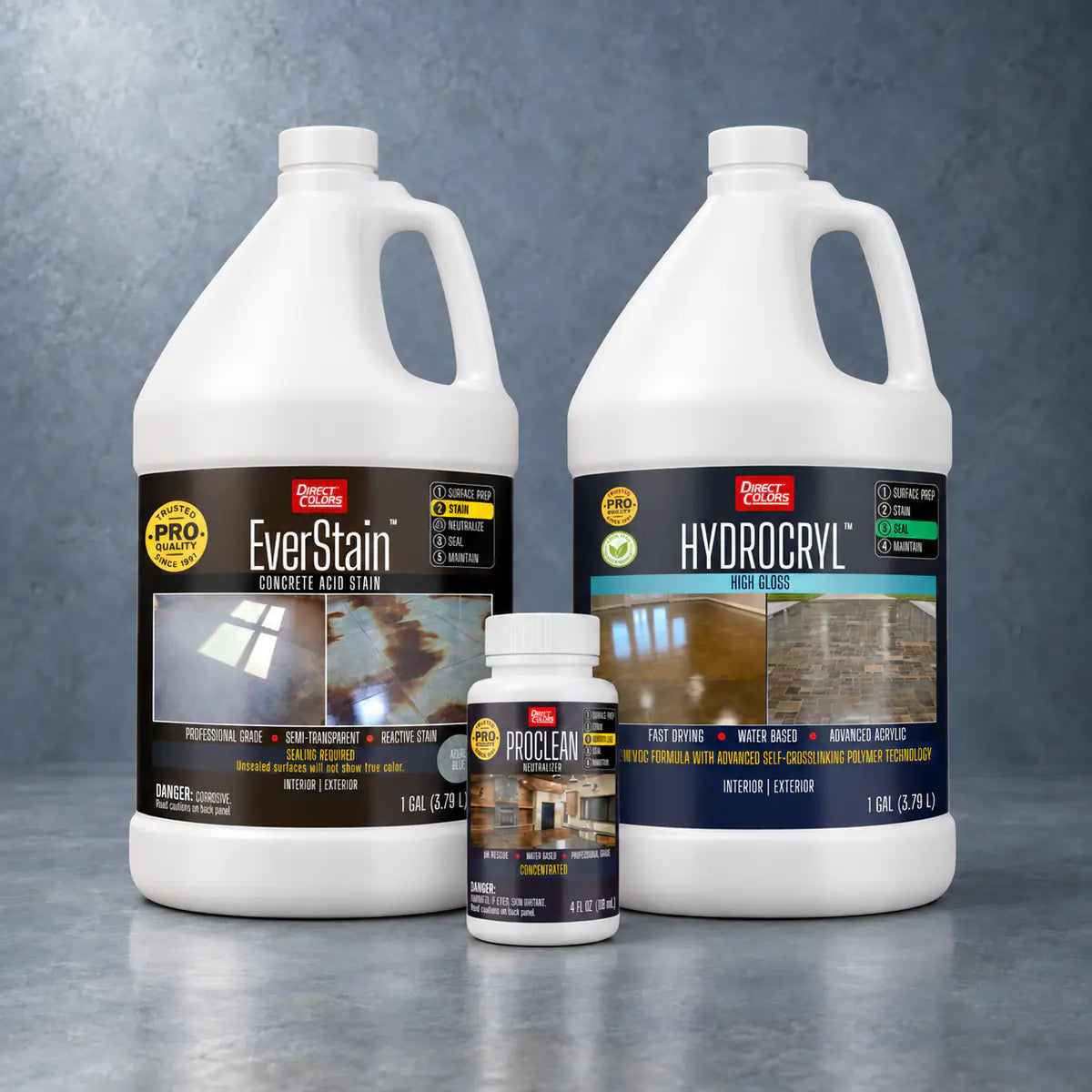 EverStain™ Acid Stain in Azure Blue with ProClean Neutralizer™ and HydroCryl™ High Gloss, 1 gallon 3-step kit