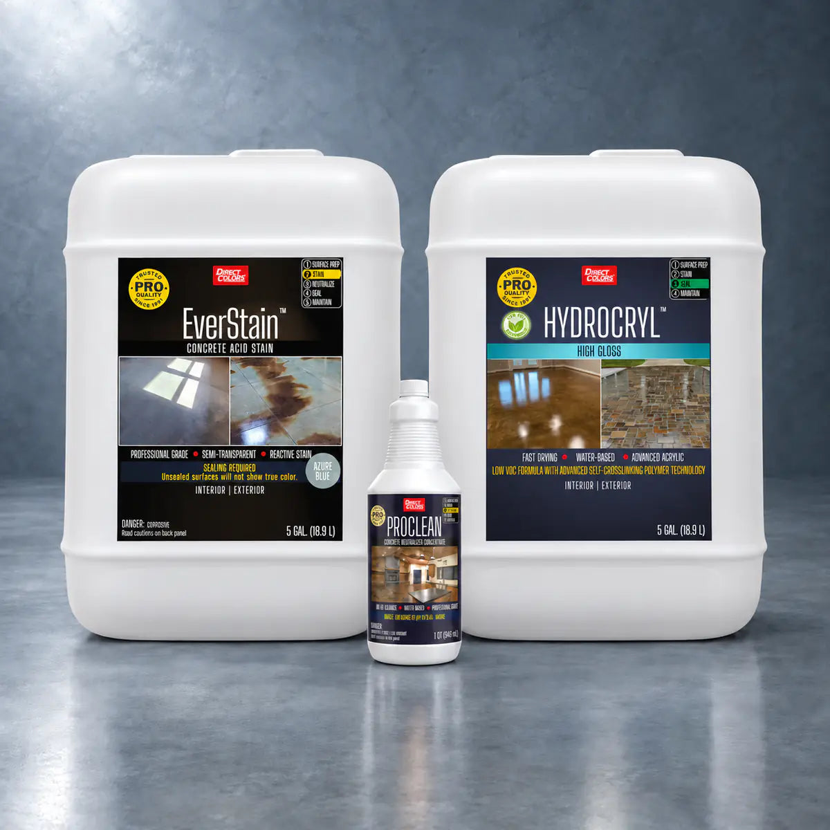 EverStain™ Acid Stain in Azure Blue with ProClean Neutralizer™ and HydroCryl™ High Gloss, 5 gallon 3-step kit