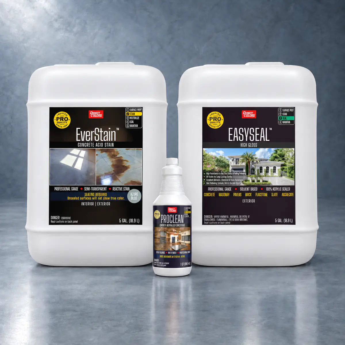 EverStain™ Acid Stain in Azure Blue with ProClean Neutralizer™ and EasySeal™ High Gloss, 5 gallon 3-step kit