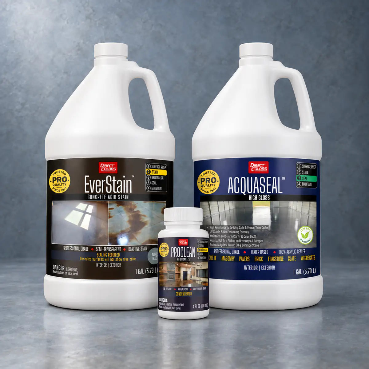 EverStain™ Acid Stain in Azure Blue with ProClean Neutralizer™ and AcquaSeal™ High Gloss, 1 gallon 3-step kit