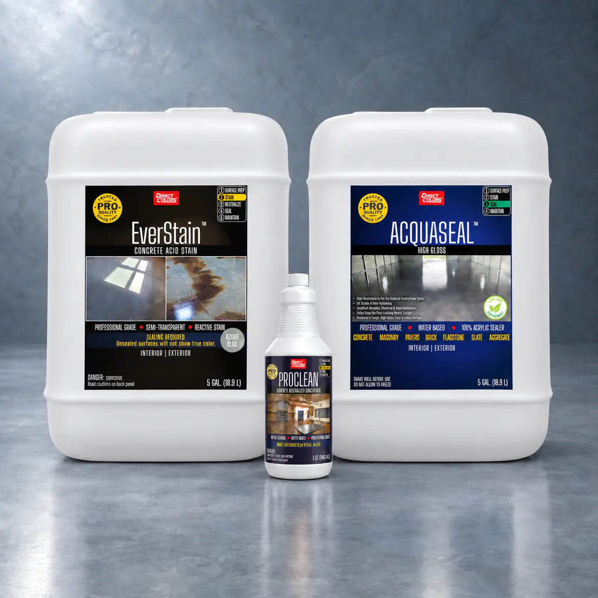 EverStain™ Acid Stain in Azure Blue with ProClean Neutralizer™ and AcquaSeal™ High Gloss, 5 gallon 3-step kit